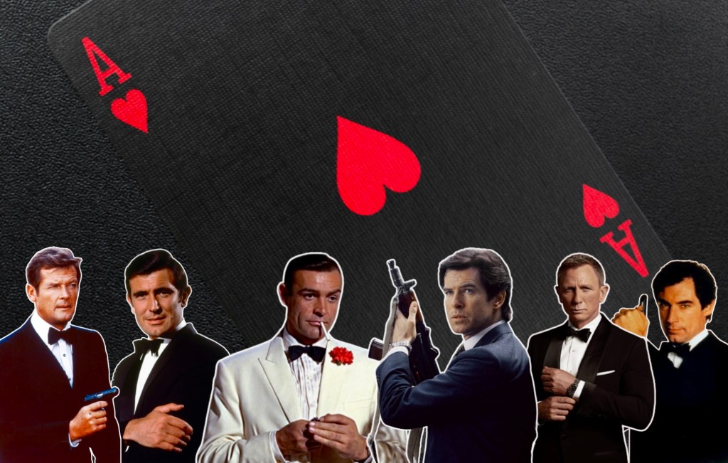 A collage featuring each of the six actors who have portrayed James Bond, appearing right to left: Roger Moore, George Lazenby, Sean Connery, Pierce Brosnan, Daniel Craig and Timothy Dalton. They are arranged in a line in front of a black background with a large playing card which is the ace of hearts. 