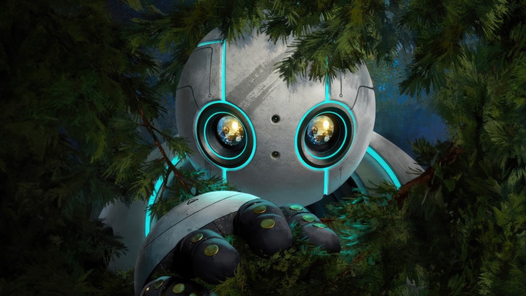 An image from the film The Wild Robot. It features a robot looking through a gap in tree branches.