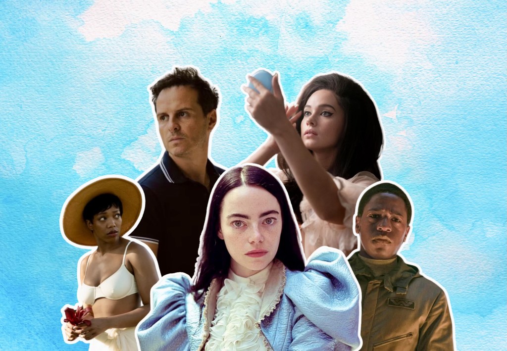 A collage of images from 2024 films. It includes images from the films All of Us Strangers, Priscilla, Blink Twice, Poor Things and Alien: Romulus.