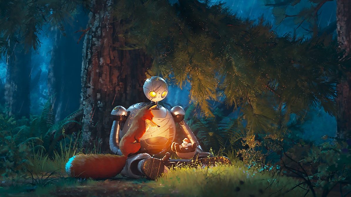 An image from the film The Wild Robot. It features a robot, a fox and a duckling sitting by a tree in the forest.