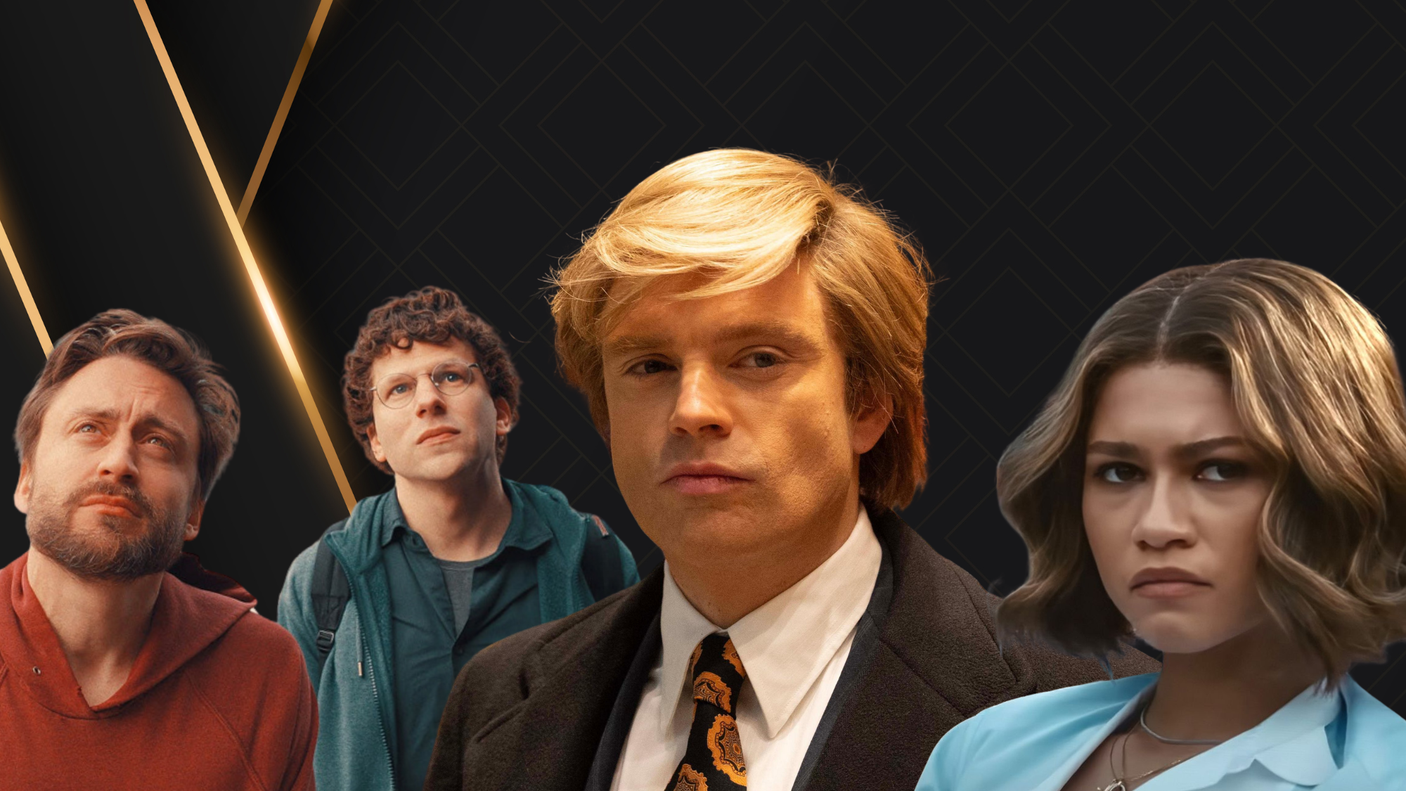 A collage of images from the films A Real Pain, The Apprentice and Challengers arranged against an awards ceremony style backdrop. 