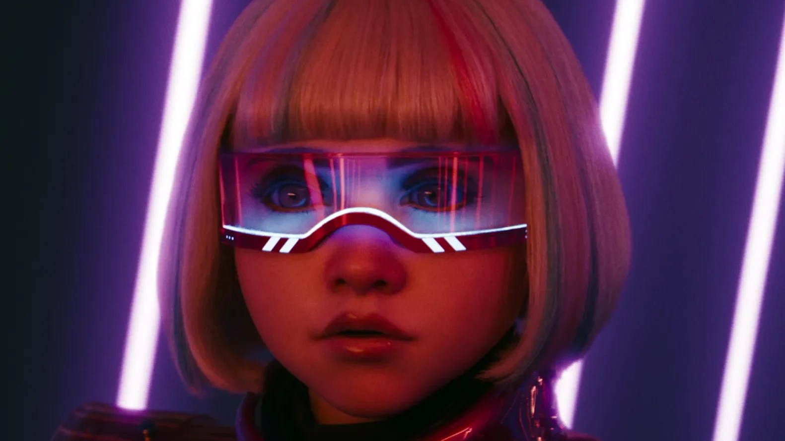 An image from the film M3GAN 2.0. It features a doll wearing futuristic style glasses with a blonde bob wig.